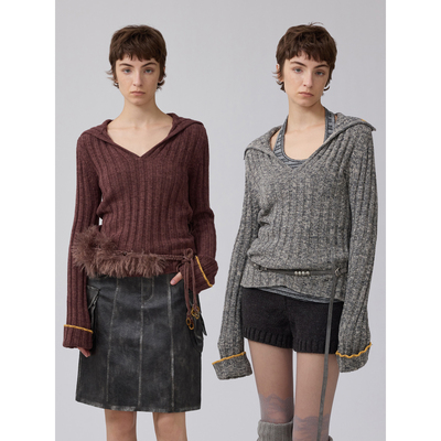 羊毛慵懒V领灰大麦色花纱1C00M4