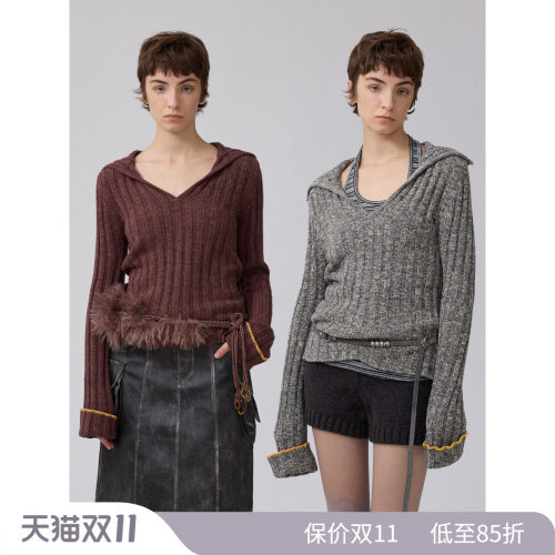 羊毛慵懒V领灰大麦色花纱1C00M4