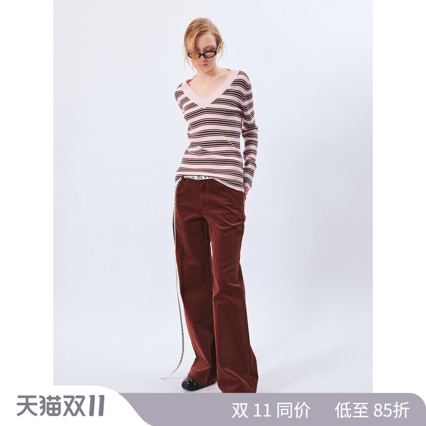 1C00M4复古灯芯绒低腰微喇裤加厚喇叭裤红棕色裤子女美拉德春季