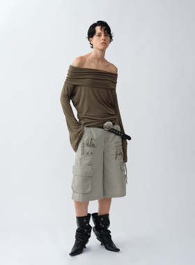 1c00M4 Slouch Top一字肩上衣复古风羊毛灰绿色莱赛尔斜肩2026春