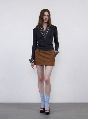 1C00M4复古拼接格纹显瘦修身上衣格子假两件天丝羊毛学院风2025秋