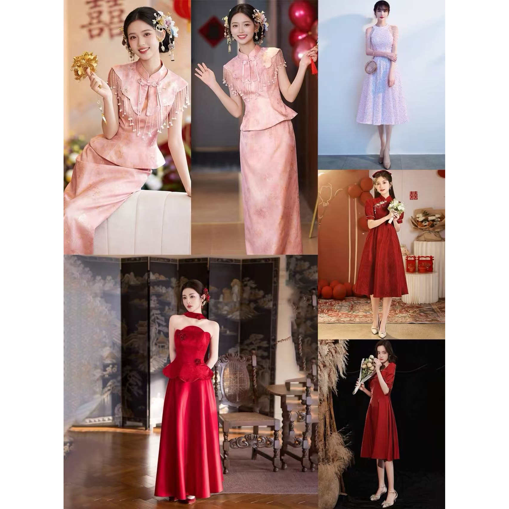 新中式红色订婚抹胸礼服裙租赁图片