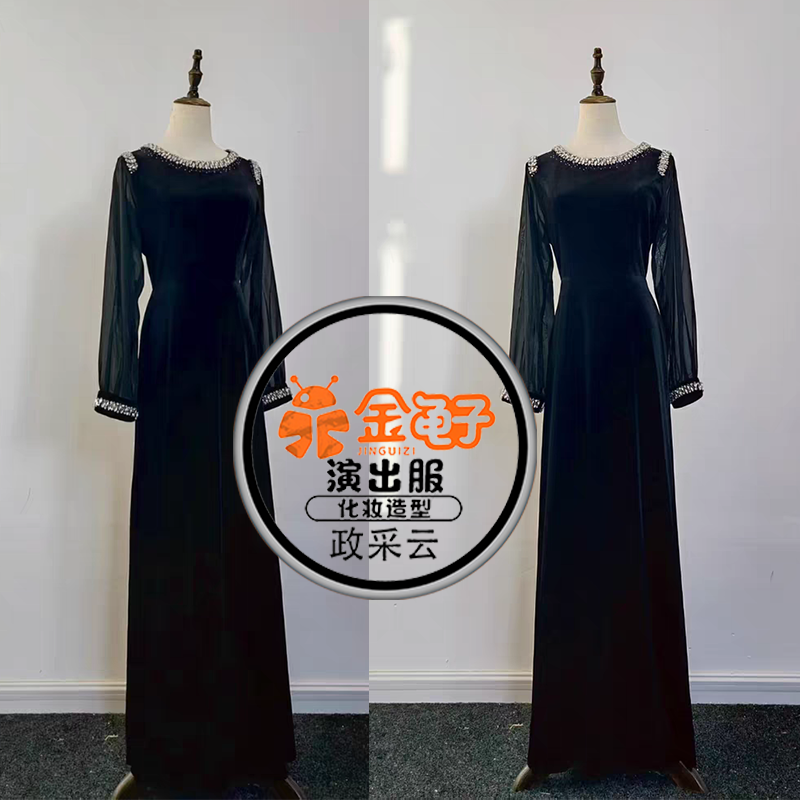 出租黑色丝绒晚礼服深绿色优雅知性弹力艺考主持人礼服租赁合唱服