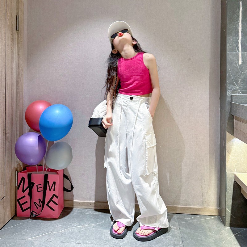 女童工装裤夏装2025新款儿童炸街裤子女孩大童潮酷穿搭白色阔腿裤