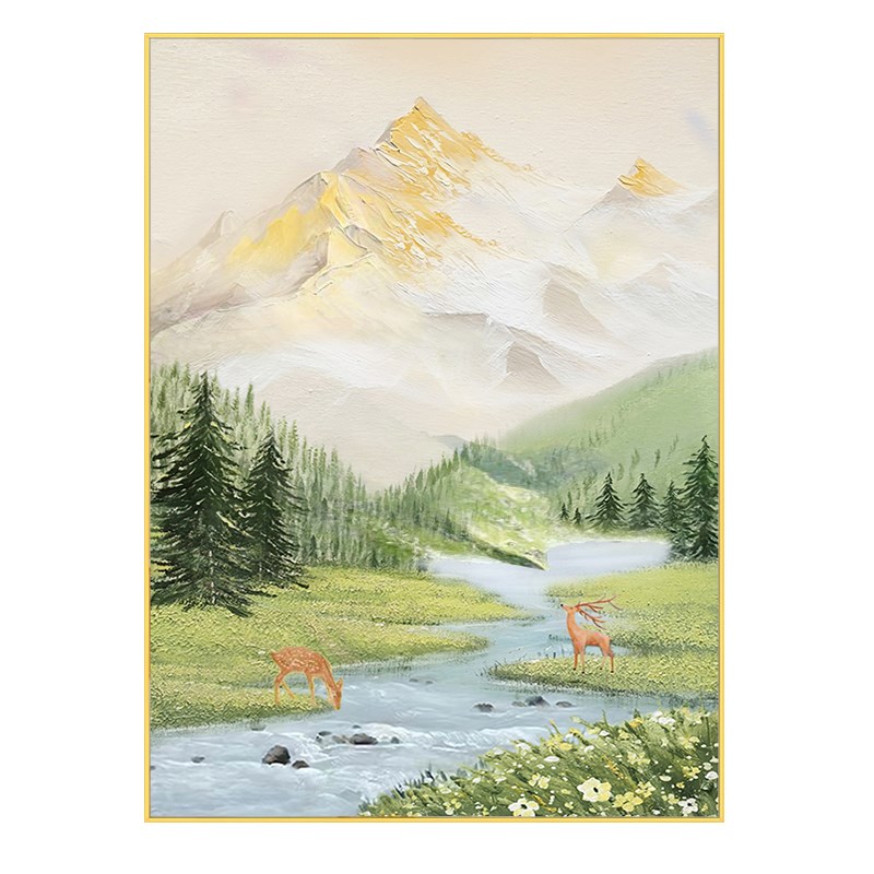 手绘日照金山客厅小鹿高级感肌理沙发无框装饰画风景山水玄关挂画图片