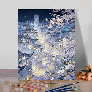 古城春diy数字油画手工填色建筑植物花卉油画治愈客厅卧室装饰画