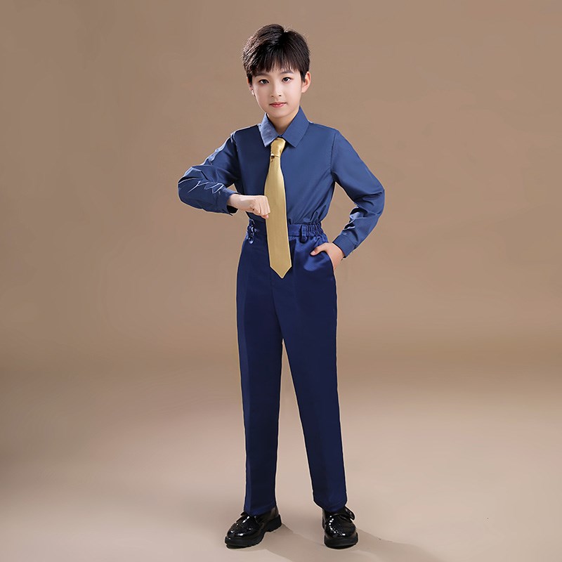 儿童深蓝礼服男童长袖衬衫套装金色领带主持人钢琴演出服合唱团服
