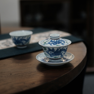 五里雾景德镇仿古青花瓷斗彩应龙纹三才盖碗手绘仿明代御窑瓷器