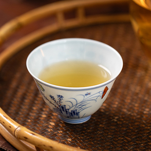 景德镇手绘斗彩三秋杯仿功夫茶具古青花瓷纯手工茶杯敬茶碗主人杯