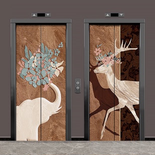 自粘防水高级感现代侘寂风电梯门贴纸鹿大象酒店遮挡翻新装 饰贴画