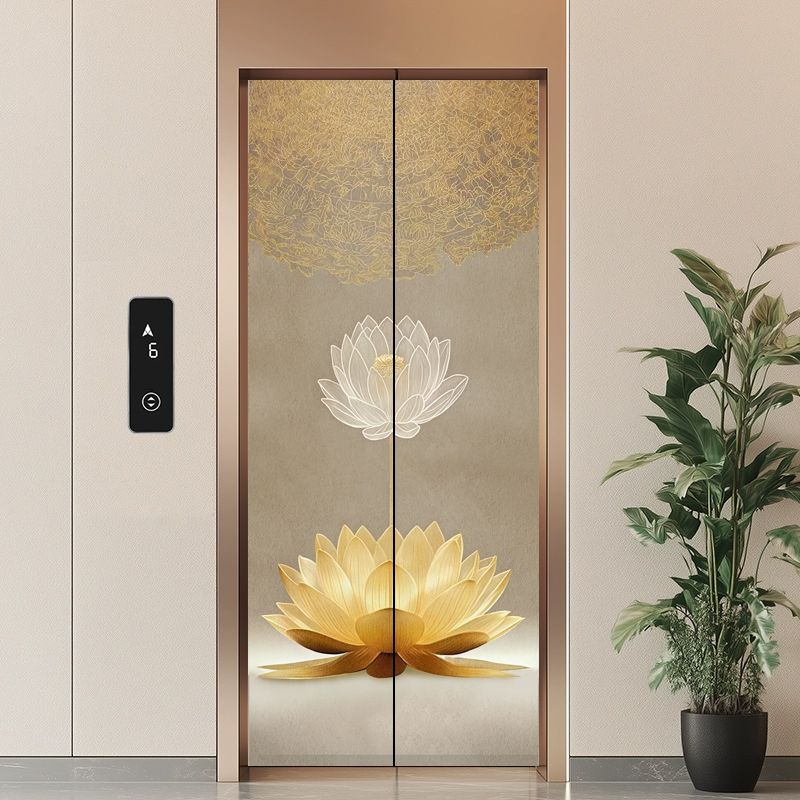 新中式禅意莲花电梯门贴纸高级
