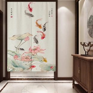 九鱼图荷花门帘入户玄关挂帘卧室半帘卫生间厕所遮挡隔断帘子 中式