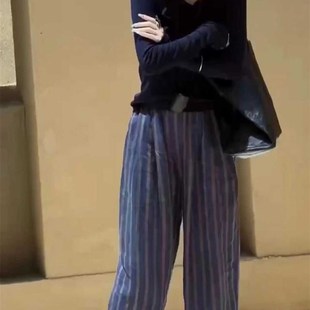 秋装 蓝色时尚 T恤条纹阔腿裤 套e装 搭配一整套潮 女气质简约显瘦长袖