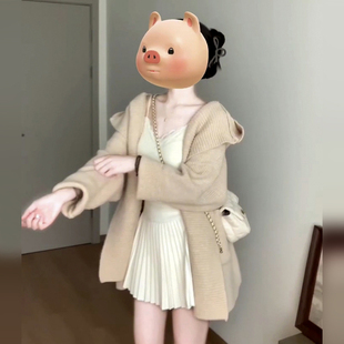 2024新款 上衣 韩系慵懒风中长款 毛衣外套女秋冬高级感连帽针织开衫