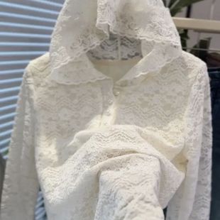 高级感拼接蕾丝花边连帽针织衫 女2025新款 时尚 休闲叠穿加绒小帽衫