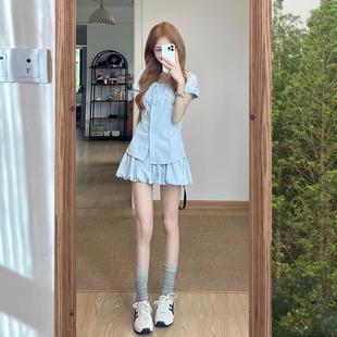 短裙 韩系学院风蓝色条纹衬衫 连衣裙子女夏季 2025新款 甜美花苞套装