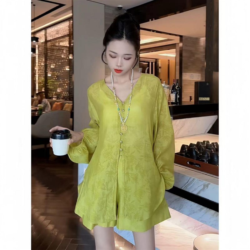 夏季新中b式欧货时尚洋气高级感小洋装国风绿色提花醋酸缎面套装
