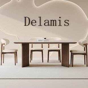 奶油风小户型高端网红饭桌 德利丰实木岩板餐桌全托长方形家用法式