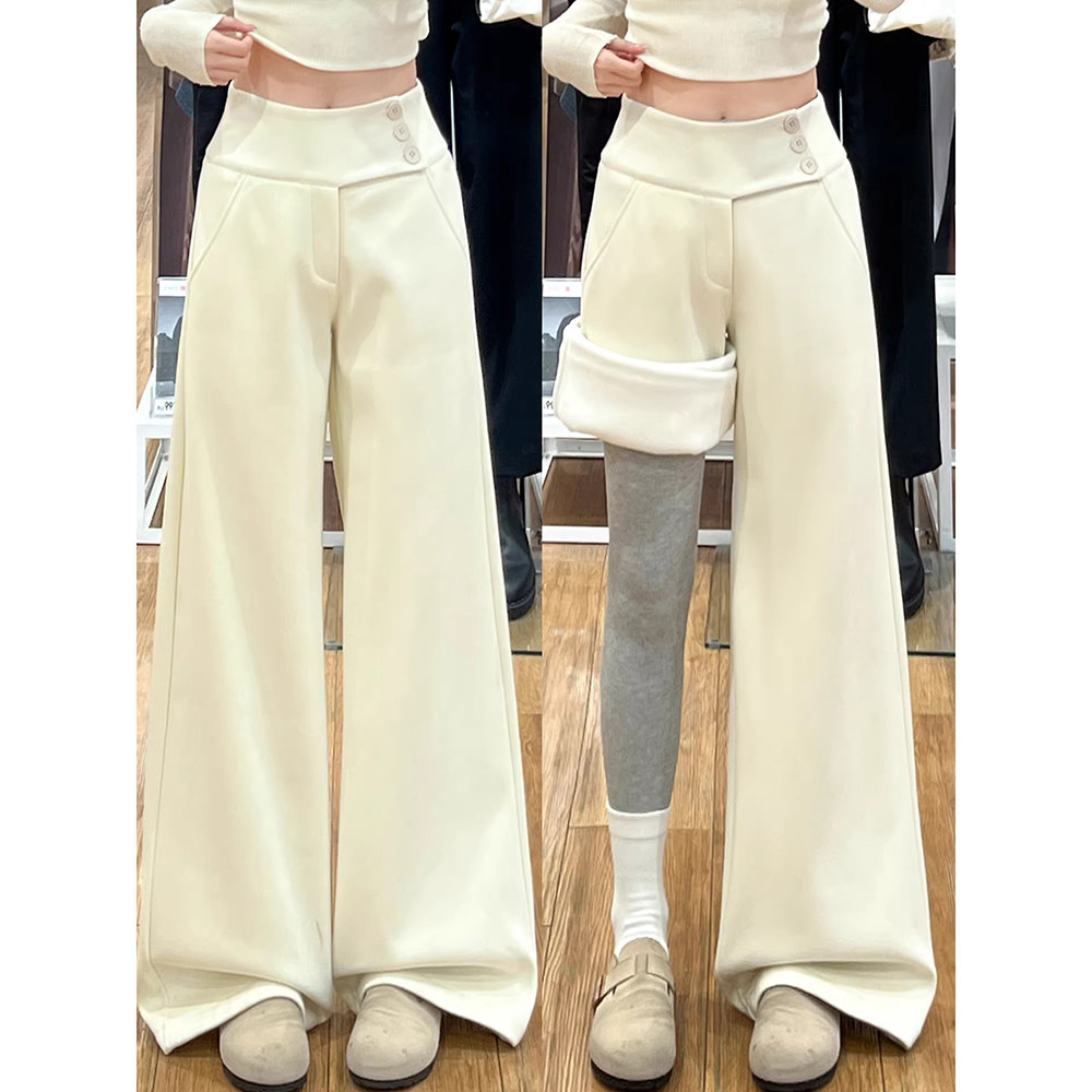 米白色毛呢西装裤女秋冬2025新款纽扣低腰垂感显瘦直筒休闲阔腿裤
