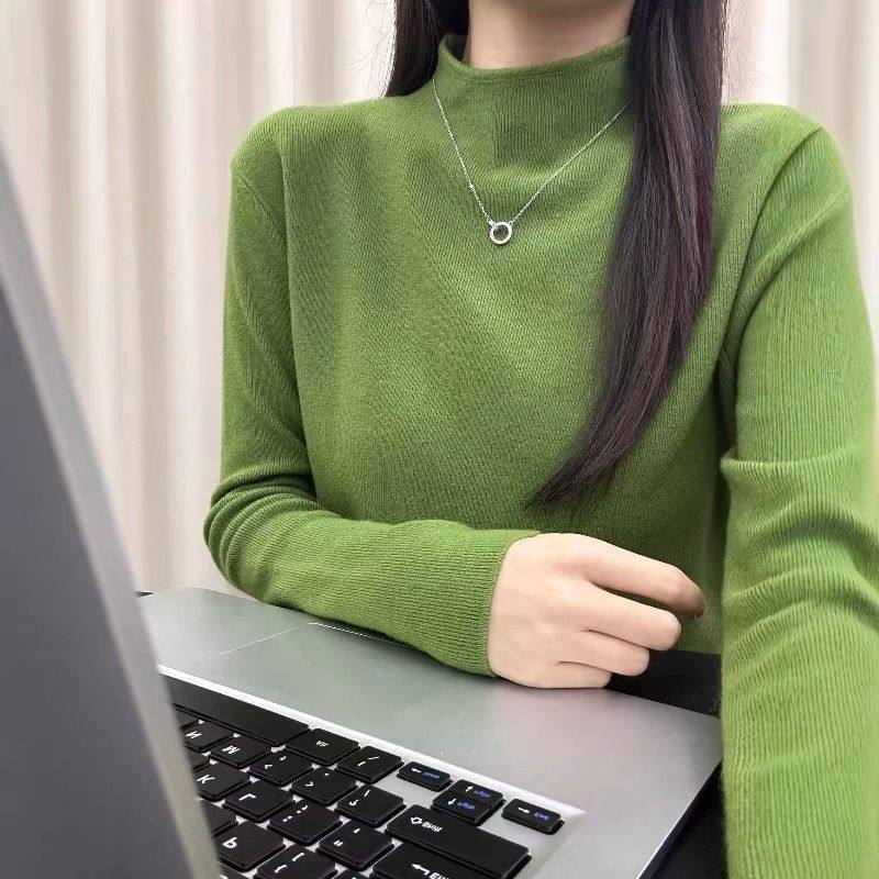 韩系复古半高领长袖针织衫女秋冬新款高级感修身显瘦内搭打底上衣