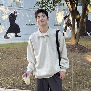 420g白花灰翻领卫衣男生2025新款秋季宽松百搭POLO衫套头简约长袖