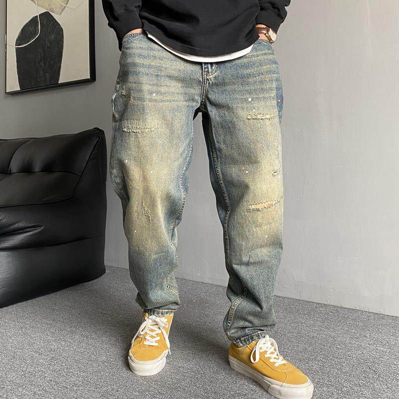 春秋季美式休闲痞帅复古做旧油漆刮烂牛仔裤男直筒宽松高街锥形裤,男装,牛仔裤,淘宝优惠券,粉丝福利购,淘宝优惠卷