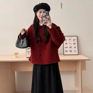 圣诞新年红色毛呢外套女冬季新款高级感小个子宽松短款呢子大衣