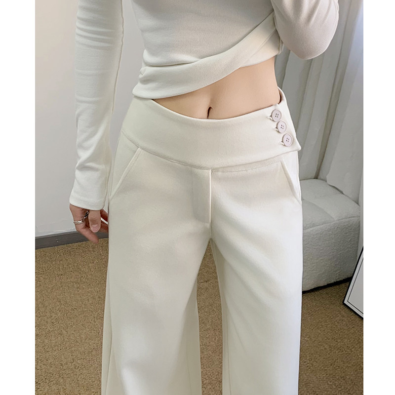 白色毛呢西装裤女冬季2026新款高级感质感纽扣直筒显瘦低腰阔腿裤