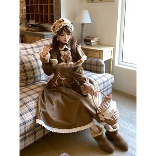 【森林小鹿】日系氛围感收腰中长裙显瘦拼接设计蝴蝶结连衣裙