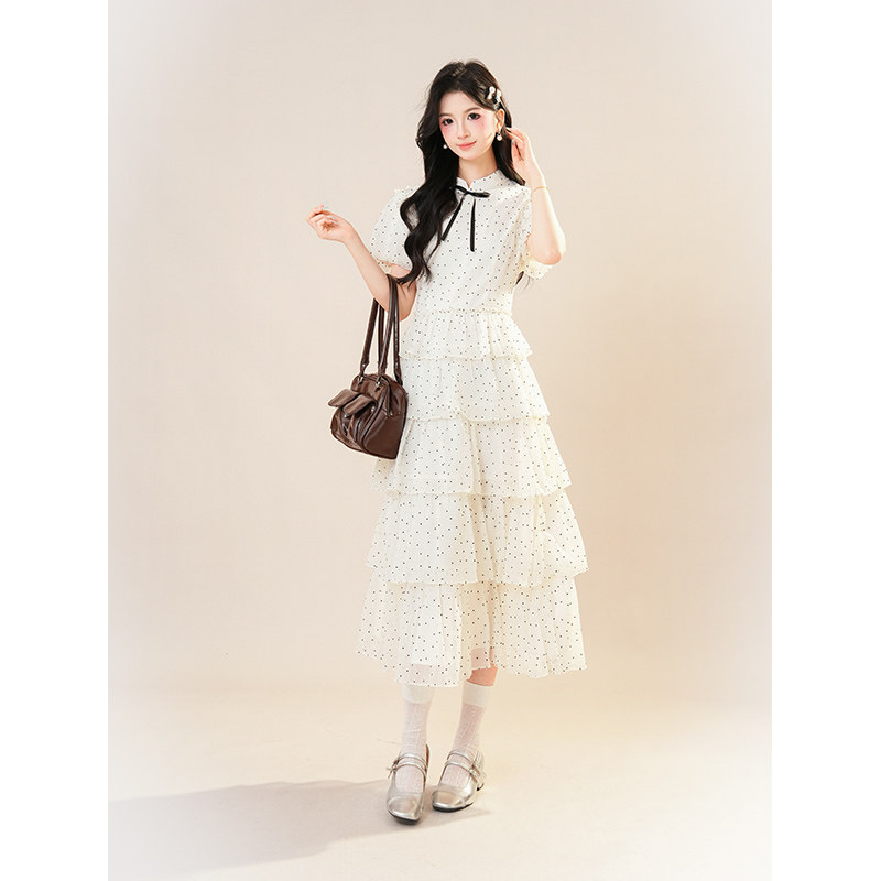 "留洋国风大小姐"波点泡泡袖荷叶边蝴蝶结旗袍领蛋糕连衣裙长裙子