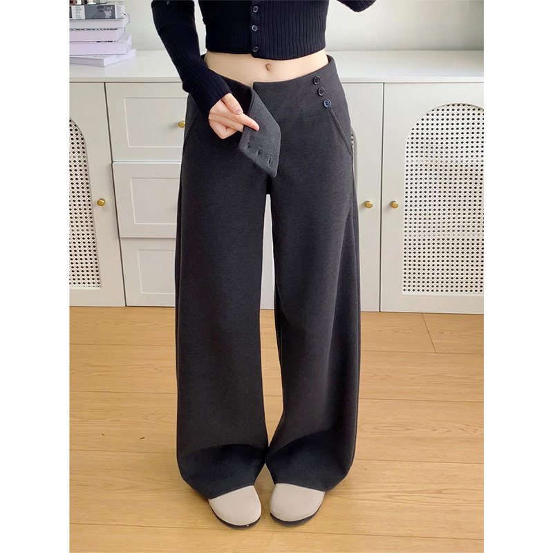 灰色加厚毛呢纽扣西装裤女秋冬低腰垂感慵懒直筒裤休闲宽松阔腿裤