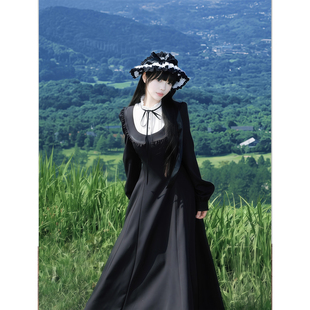 白色玫瑰 原创设计法式中古风复古秋冬气质收腰蕾丝连衣裙女长裙