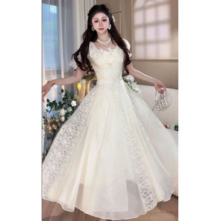 香雾白茶 高级感重工收腰显瘦氛围感连衣裙气质度假风2025夏日女