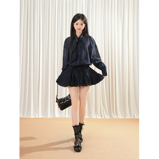 法式设计感深蓝色长袖衬衫连衣裙秋季新款收腰显瘦仙女短裙