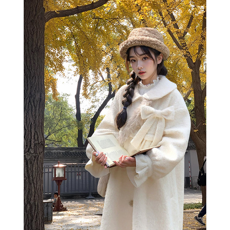 软妹蝴蝶结娃娃领白色毛呢大衣冬甜美少女日系学院风可爱加厚外套