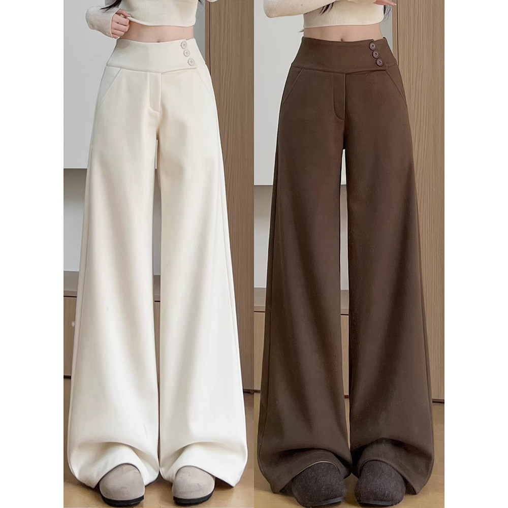 米白色毛呢阔腿裤女秋冬季新款慵懒风宽松直筒裤小个子加厚西装裤