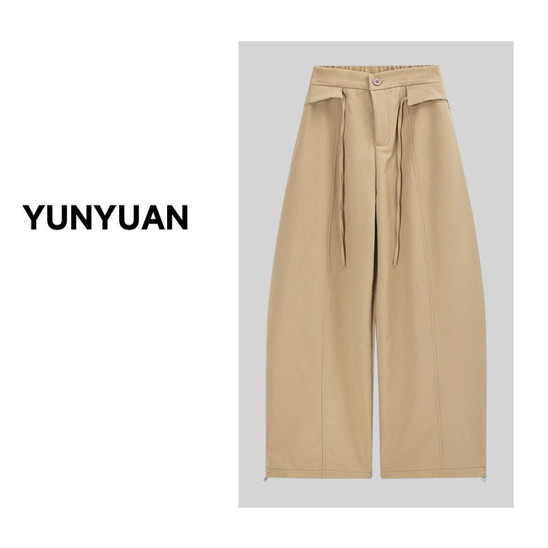 米白色洗水棉阔腿裤女春秋小个子松紧高腰显瘦宽松垂感九分休闲裤
