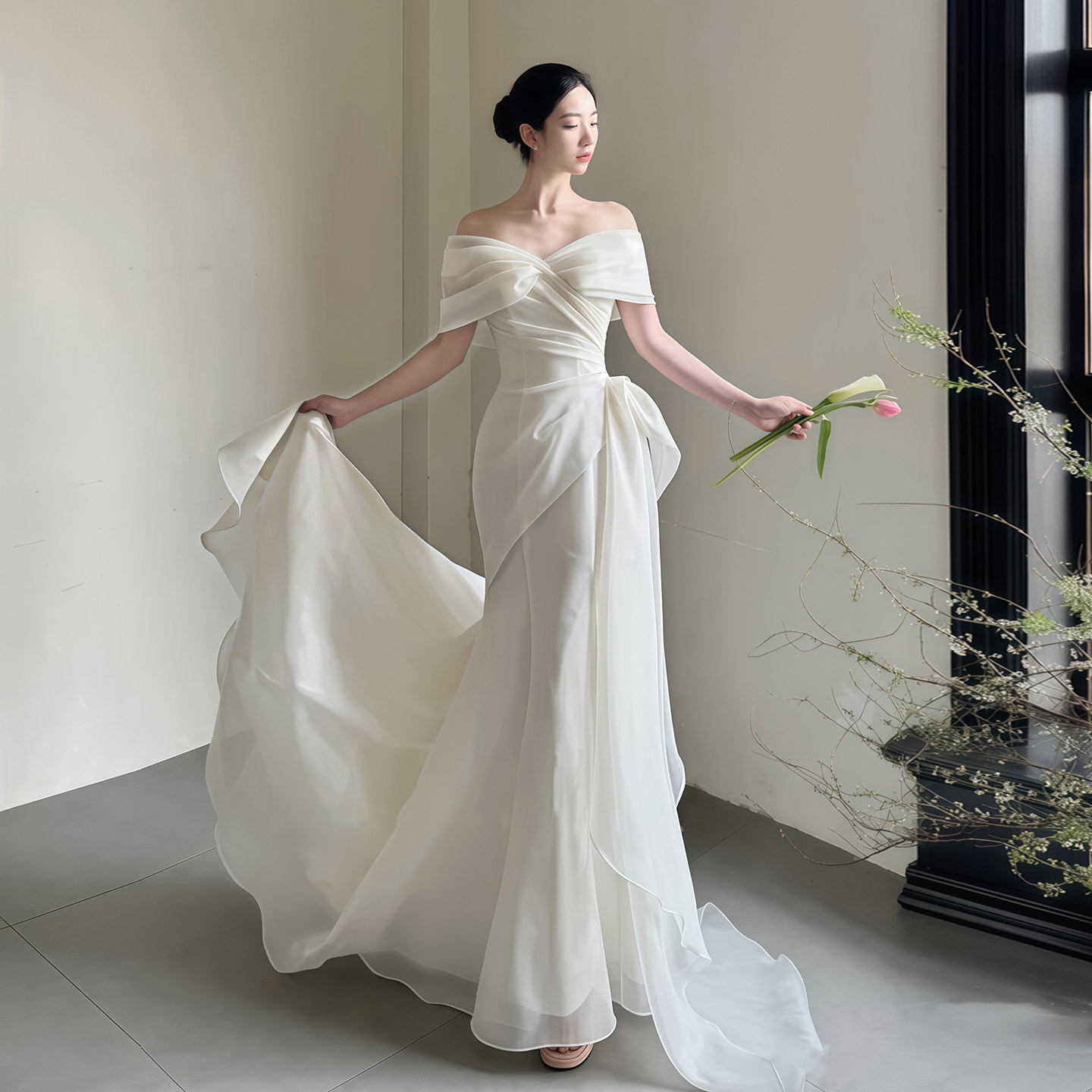 一字肩森系轻婚纱2025新款超仙新娘鱼尾订婚礼服裙拖尾迎宾出门纱