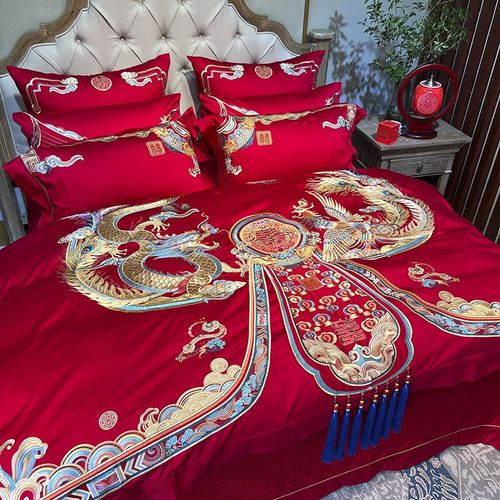 九喜狐婚庆家纺新品热销龙凤刺绣新婚床上用品大红色备婚四件套
