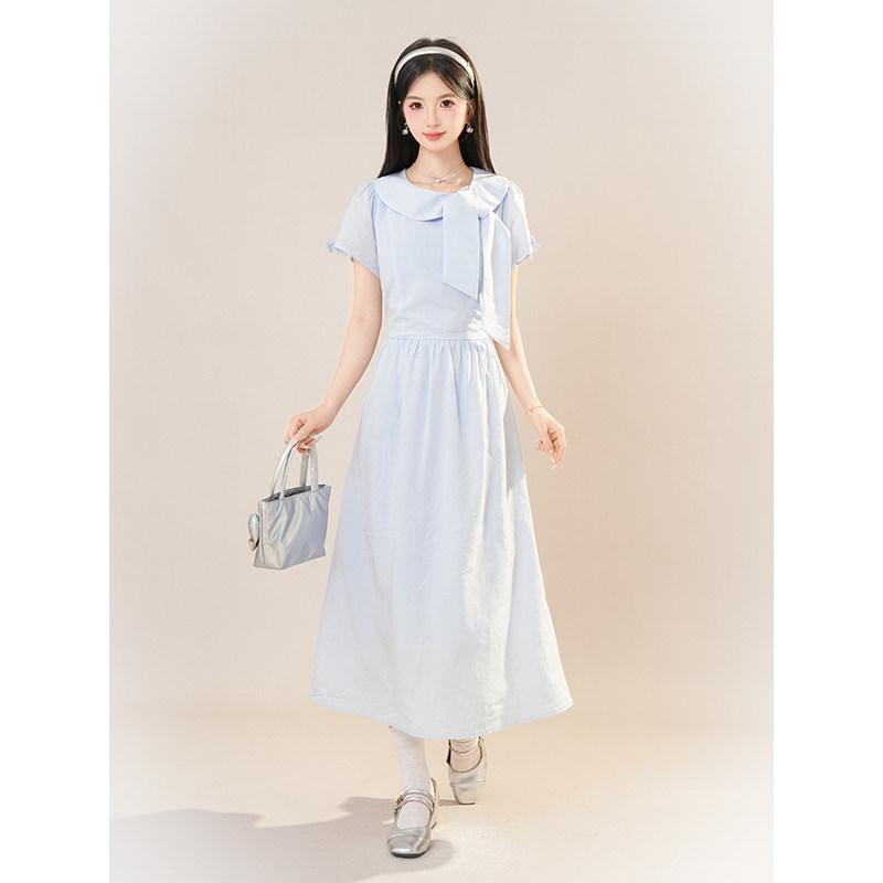 少女感减龄浅蓝色连衣裙2025夏季娃娃领甜美宽松简约气质通勤长裙
