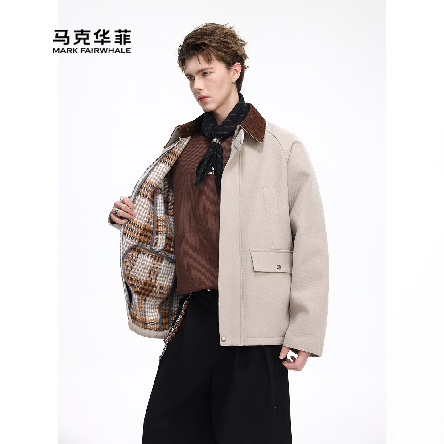 翻领夹克冬拼接宽松工装休闲外套