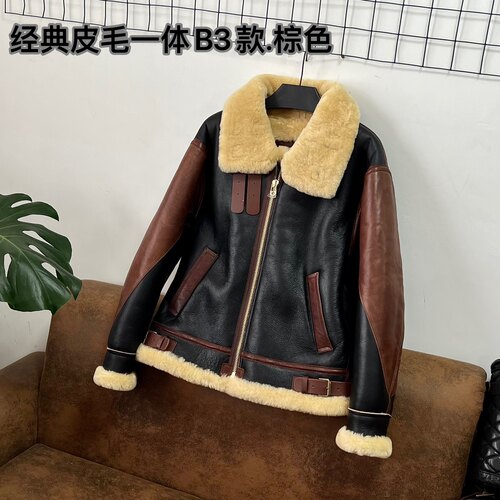 棕色B3.经典棕色时尚短款厚外套翻领真皮皮毛一体秋冬保暖皮衣