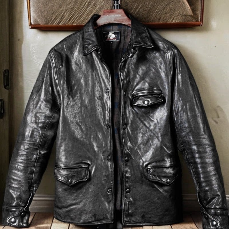 羊皮小司闸员.男士春秋日系复古休闲修身短款黑色真皮做旧夹克