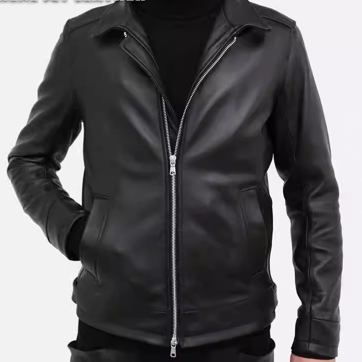 绵羊皮新翻领.男士头层绵羊皮春秋款简约直拉商务修身短款皮夹克