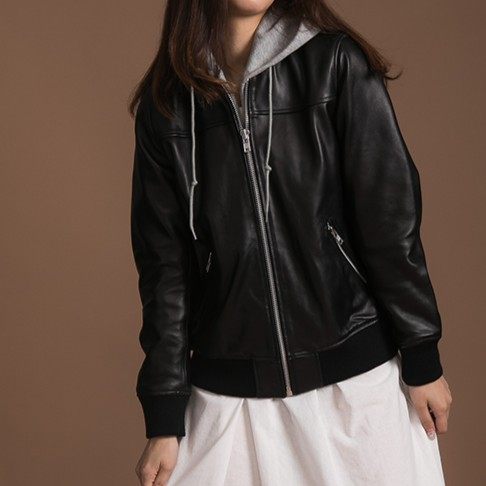 女式羊皮针织帽夹克.可拆卸针织帽连帽休闲两种穿搭棒球服皮衣