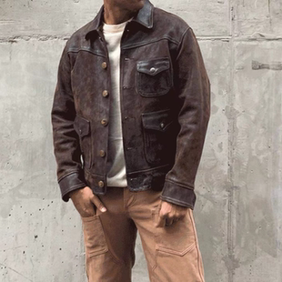 马皮三兜猎装.男士秋季时尚外套翻领真皮复古做旧短款夹克