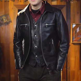 饮奶牛皮翻领夹克.男士春秋高端黑色翻领时尚商务短款修身皮衣