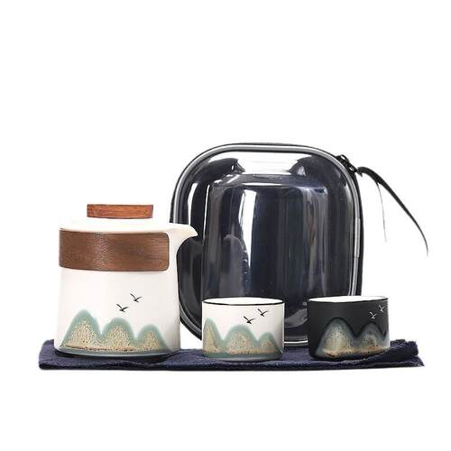国潮远山一壶二杯旅行茶具套装户外露营随身便携泡茶喝茶档简约