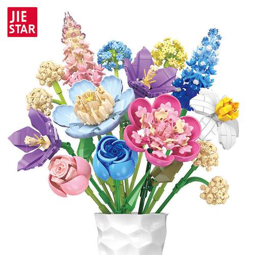 跨境杰星JJ9092仿真插花桌面摆件小送女生拼装新款积木花