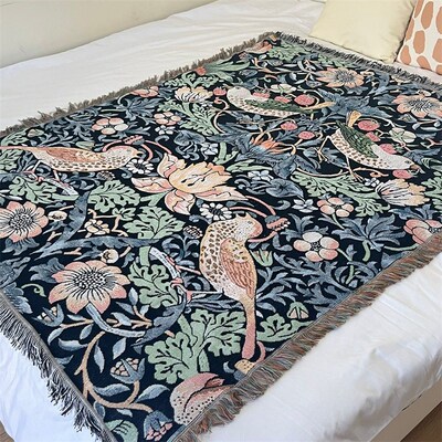 跨境美式乡村花鸟沙发巾复古装饰毯子全盖布莫里斯挂布线毯THROW